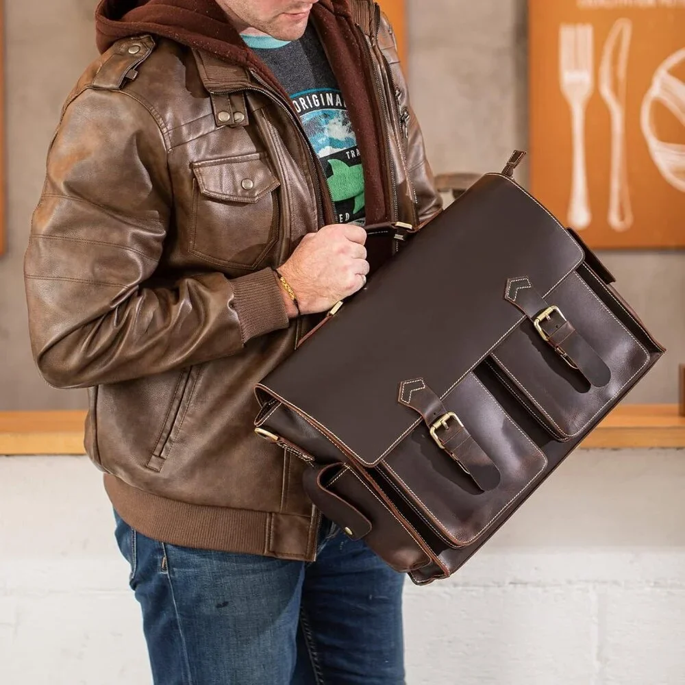 Mens Full Grain Leather Laptop Briefcase Business Messenger Bag Satchel With YKK